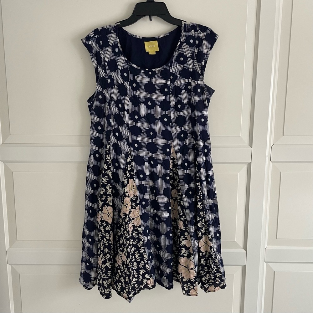 Anthropologie Navy Blue and Cream Patterned Sleeveless Dress